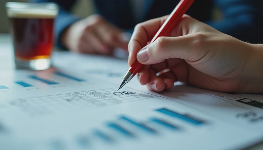 A documentary-style close-up of a hand reviewing a budget document with computational cost data using a red pen.