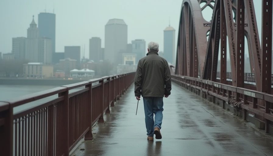 A documentary-style photo of a person walking alone across a Pittsburgh bridge, viewed from behind.
