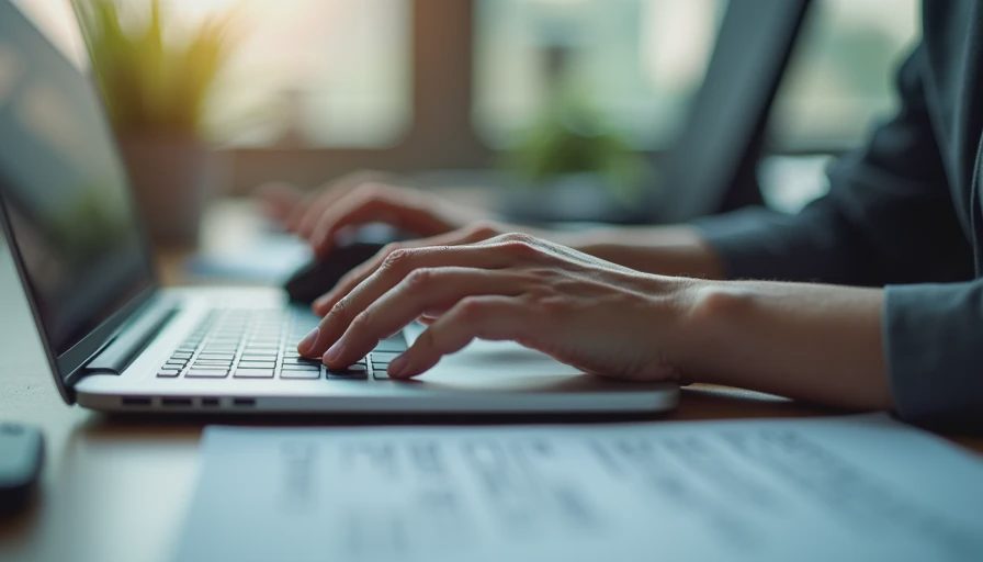 A documentary-style close-up of hands typing on a laptop keyboard in a quiet office environment.