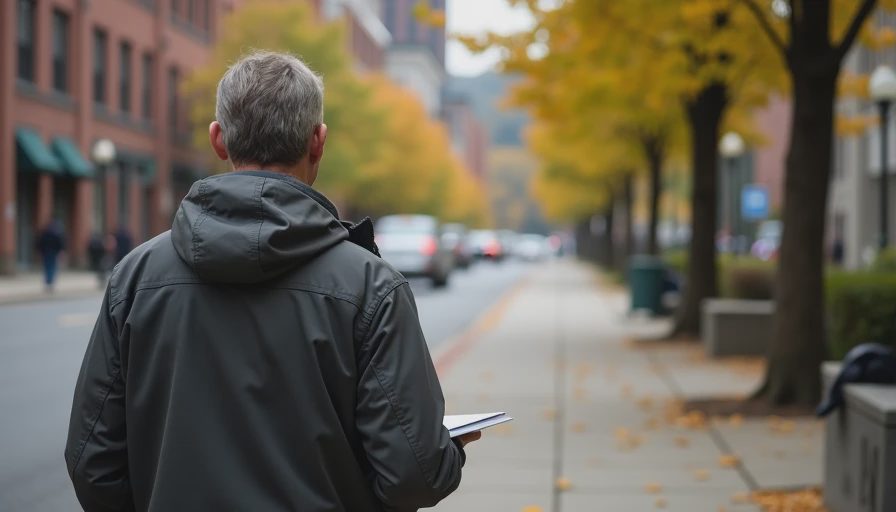 A documentary-style photo of someone walking down a tree-lined Pittsburgh neighborhood sidewalk with a notebook.