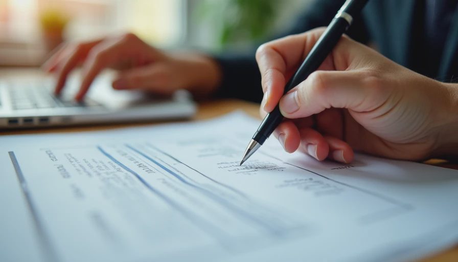 A documentary-style close-up of a hand reviewing and making edits on a printed document with a pen.