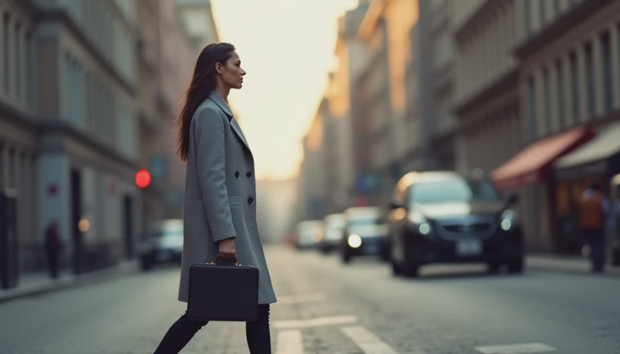 A documentary-style photo of a professional walking thoughtfully down a city sidewalk.
