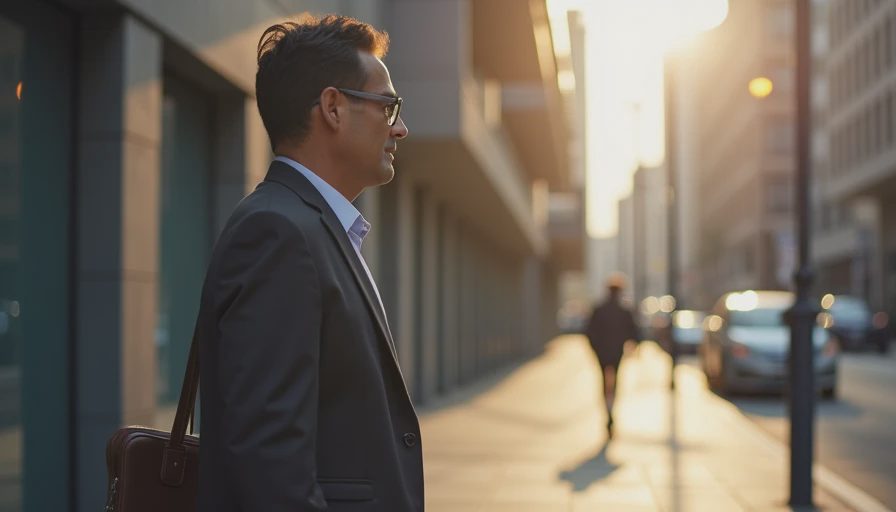 A documentary-style photo of a professional walking thoughtfully down a quiet city sidewalk with a portfolio.