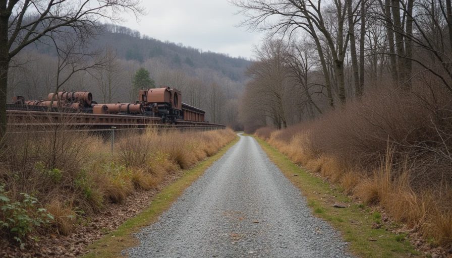 A quiet documentary shot of a reclaimed industrial path in Pittsburgh with lingering historic rail elements.
