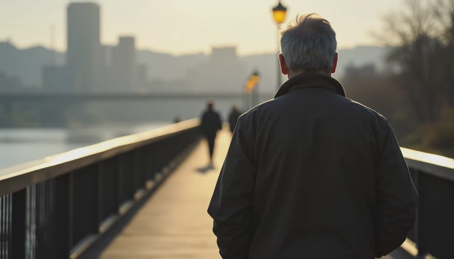 A documentary-style photo of a person walking alone across a Pittsburgh bridge, viewed from behind.