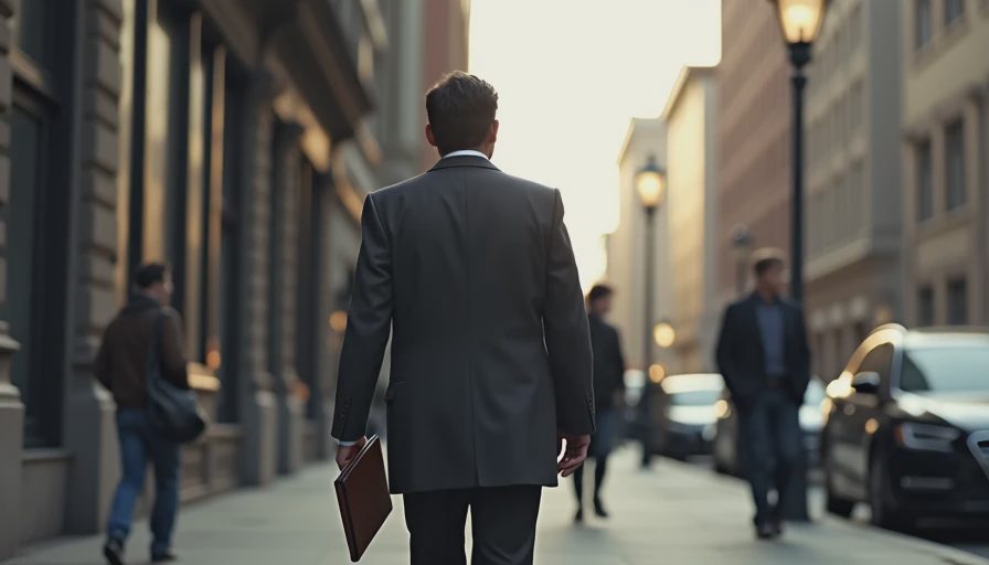 A documentary-style photo of an office worker walking down a quiet city sidewalk with a portfolio.