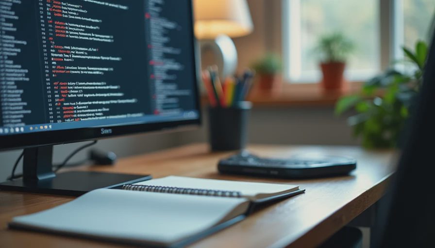 A quiet documentary shot of a work monitor displaying system logs on a minimalist desk.