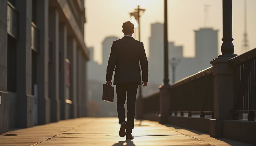 A documentary-style photo of a professional walking thoughtfully down a quiet city sidewalk with a notebook.
