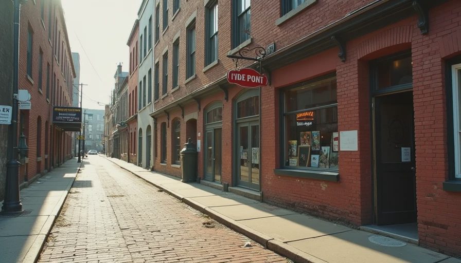 A quiet, documentary-style shot of a brick-paved Pittsburgh street and old storefront in soft afternoon light.