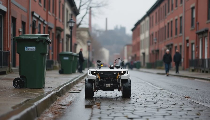 A documentary shot of a CMU autonomous robot navigating a real, wet Pittsburgh street past brick rowhouses and industrial remnants, under an overcast sky.