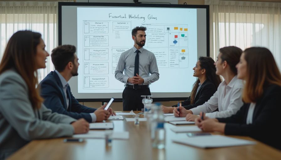 A manager and employees collaborating around a whiteboard discussing workflow processes in a meeting room.