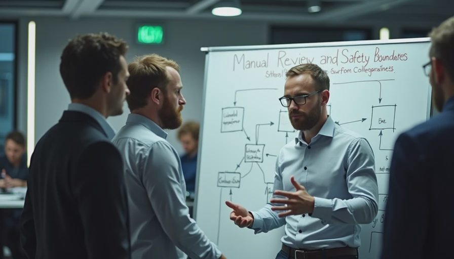 A documentary photo of product managers discussing human oversight requirements and workflow boundaries in front of a whiteboard in an office.