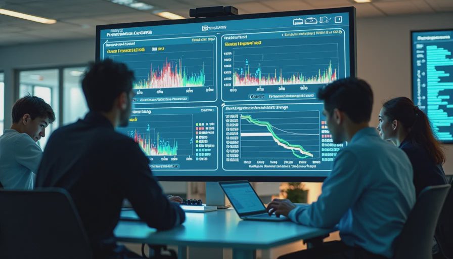 A documentary shot of researchers in a bright AI lab examining specific performance test charts and data on a large screen.