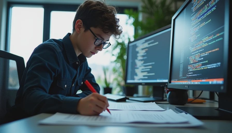 A documentary shot of an office worker carefully reviewing and editing a long AI-generated text printout with a red pen.