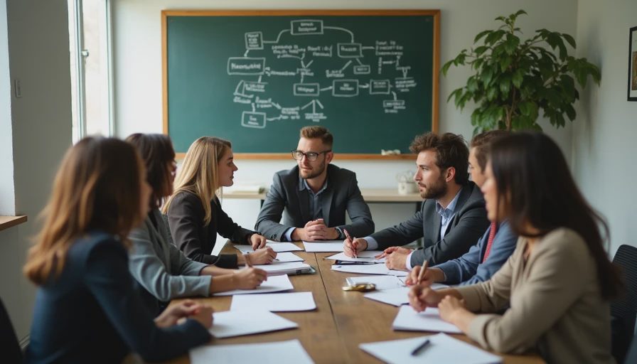 A documentary photo of colleagues collaborating around a table in a meeting room, focusing on human evaluation and discussion.