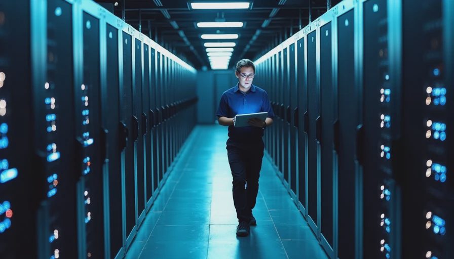 A documentary photo capturing the interior of a large data center at night, with server racks running and a system technician monitoring equipment under dim LED light.