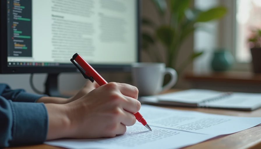 A documentary photo of a copywriter carefully editing and reviewing an AI-generated draft printout with a red pen in an office.