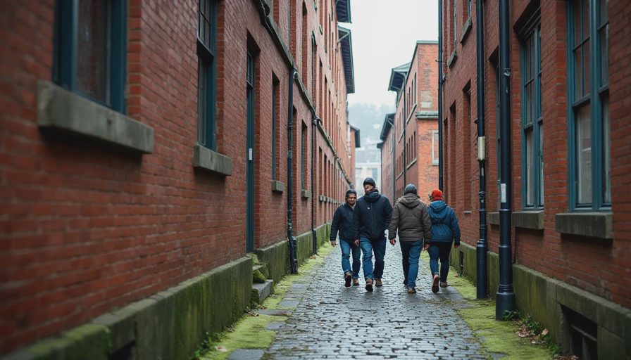 A documentary photo of locals walking past a revitalized red-brick industrial mill building along a historic corridor in Pittsburgh, under natural daylight.