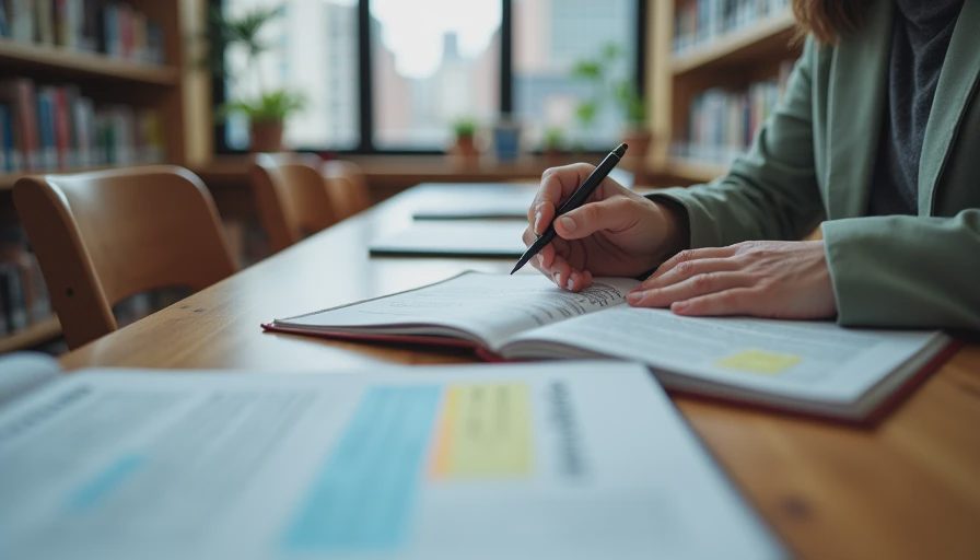 A documentary shot of a person making careful notes on highlighted documents and reports at a wooden table in a quiet community library.