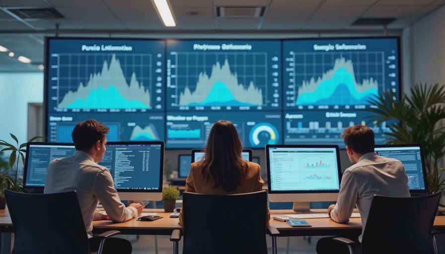 A documentary photo of corporate employees looking intently at productivity metrics and charts on large screens in an office.