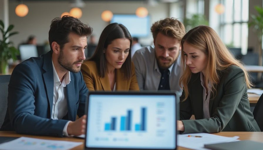 Office employees looking anxiously at a performance chart on a laptop in an open-plan workspace.