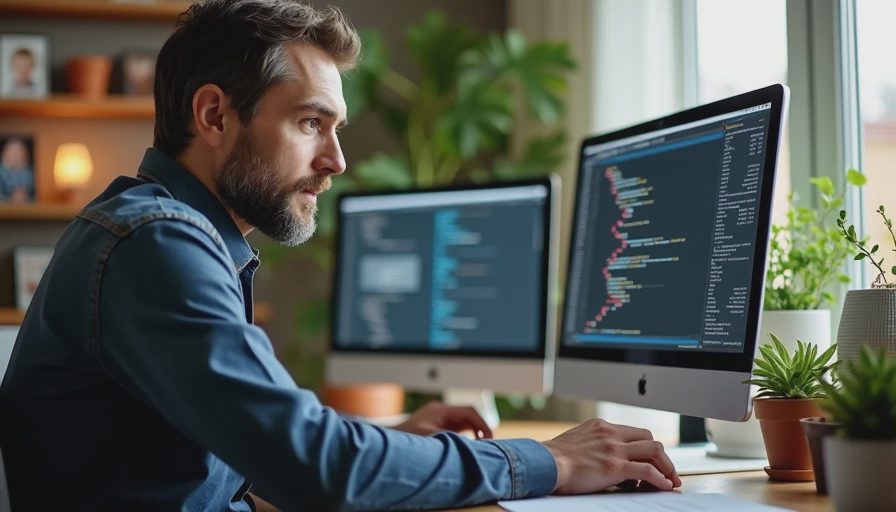 A documentary portrait of a focused software engineer at a stable, personalized desk, surrounded by signs of long-term career planning.