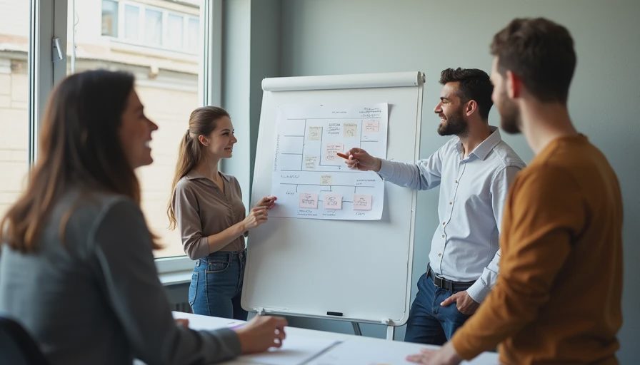 A candid documentary photo of a manager and employees collaborating around a whiteboard to design sustainable roles and share equity details.