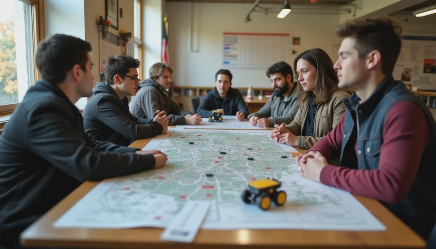 A candid documentary photo showing CMU engineers collaborating with local Pittsburgh community members, including a former steelworker, around a table with maps and robot models.