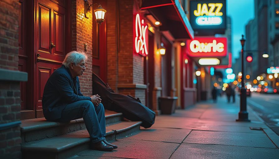 A documentary photograph contrasting a weary jazz bassist resting outside a Pittsburgh club with a brightly lit, modern digital music venue across the street.
