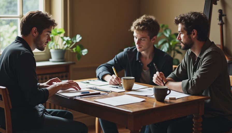 A candid documentary shot of three young jazz musicians gathered around a table with sheet music, actively discussing chord changes during a rehearsal.